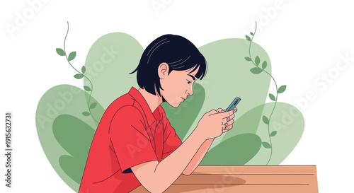 A young person engrossed in a smartphone, surrounded by lush green plants in a serene setting.