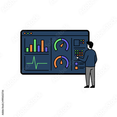 Specialist controlling real time dashboard with gauges charts and indicators on wide screen in control room. Concept of real time monitoring and operational control