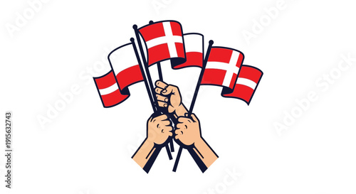 A pair of hands firmly grasping multiple Danish flags, waving proudly in a display of national pride.