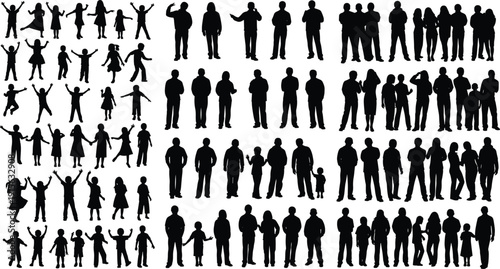 Large set of human silhouettes showing men women children families standing walking jumping isolated on white background for social diversity and crowd design
