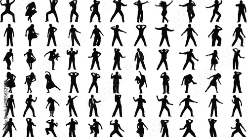 Large collection of black human silhouettes in various action poses, dancing, walking and expressive movements, dynamic lifestyle people illustration isolated on white background