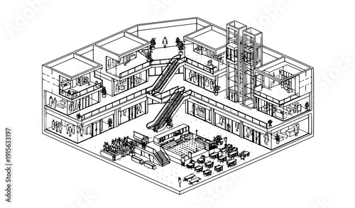 Isometric Shopping Mall Interior Cutaway Black and White Vector Architectural Illustration