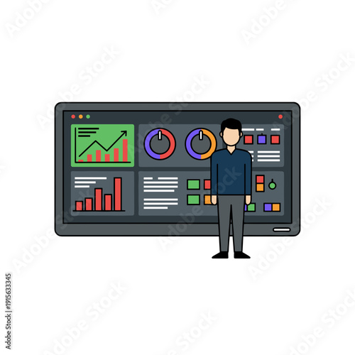 Specialist standing before large unified control center dashboard with charts gauges and data panels. Concept of unified control center and real time analytics
