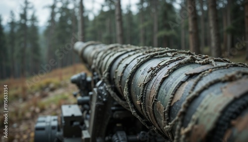 Close-up of camouflage net covering large artillery cannon barrel, fabric mesh pattern visible
