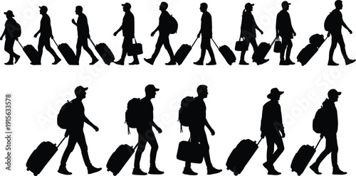 Black silhouettes of travelers walking with luggage, journey and transportation concept, people in motion illustration, travel lifestyle and migration theme isolated on white background