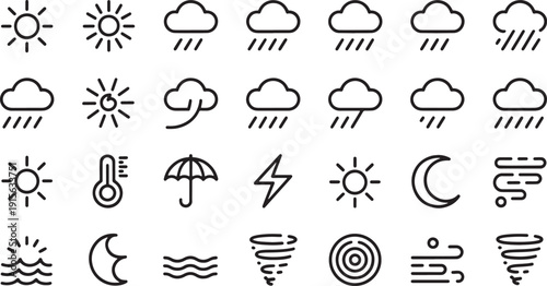 Collection of simple black line icons representing various weather conditions