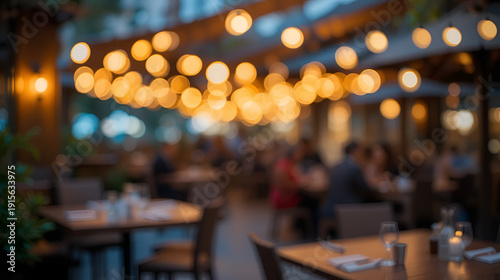 Abstract bokeh light creating a blurred background at an outdoor restaurant.