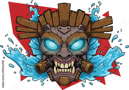 Tribal water mask, glowing eyes monster, wooden horror mask, fantasy totem illustration, aggressive tribal face, native demon expression, comic vector horror design