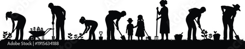 Black silhouettes of people gardening together, family and community farming concept, sustainable agriculture teamwork illustration, planting and harvesting activity scene on white background