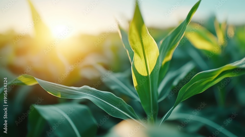 Obraz premium This vibrant image captures lush green corn leaves shimmering in the warm glow of morning sunlight, symbolizing growth and the promise of harvest.