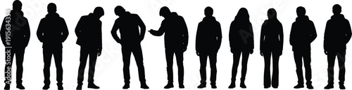 Minimalist black silhouettes of standing people in a row, anonymous human figures concept, social diversity and identity theme, isolated crowd illustration on white background