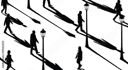Minimalist black silhouettes of pedestrians walking with long shadows under street lamps, abstract urban crowd movement concept, high contrast people illustration design background