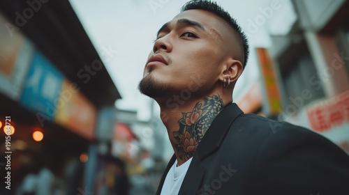 A stylish man showcasing his confidence and edgy hairstyle in an urban environment, reflecting modern fashion trends and individuality amidst a bustling city backdrop.