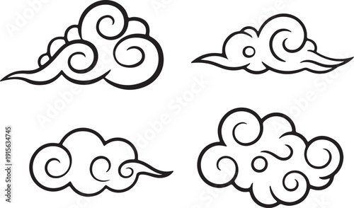 Four distinct black outline cloud illustrations featuring elegant swirls and traditional Asian inspired styling on white