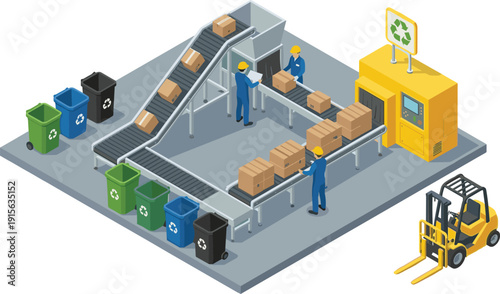 Isometric recycling factory illustration showing conveyor belt sorting boxes workers forklifts waste bins and automated processing line for sustainable logistics and circular economy