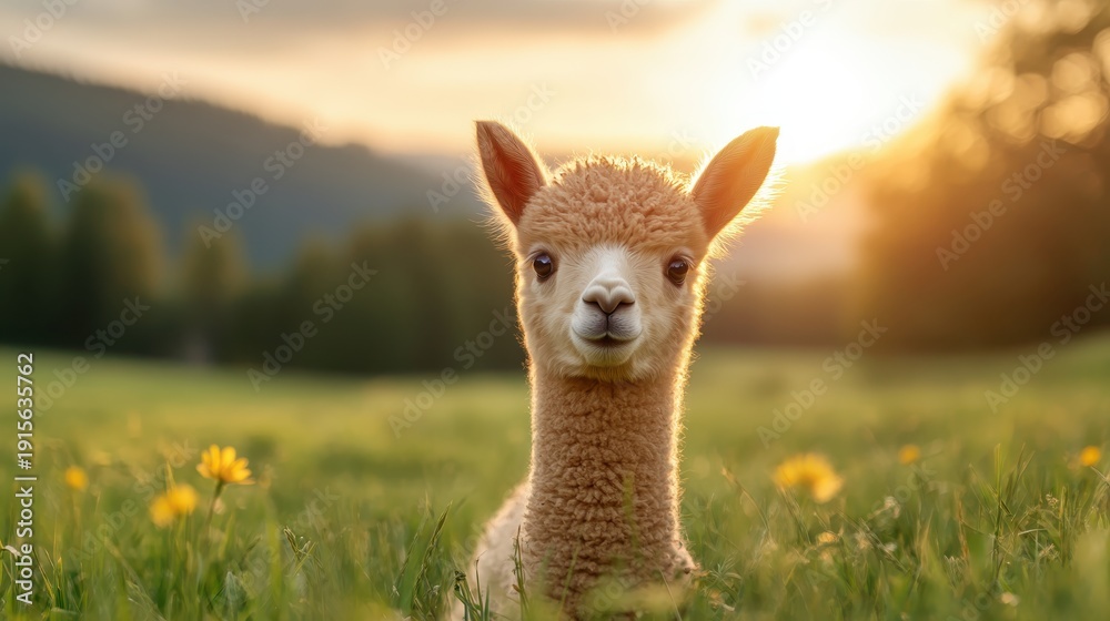 Fototapeta premium A cute baby llama joyfully gazes at the camera, surrounded by blooming flowers under a warm sunset, embodying innocence and the beauty of nature.