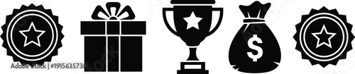 Reward and Achievement Icon Set with Badge Gift Trophy Money Bag and Star Silhouette Vector Illustration