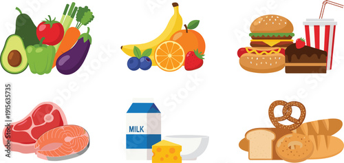 Food Groups Set with Fruits Vegetables Fast Food Meat Dairy and Bakery Products Flat Vector Illustration