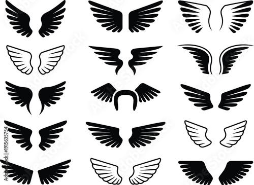 Angel Wings Collection with Black and White Feathered Wing Silhouettes Tattoo Design Vector Illustration Set
