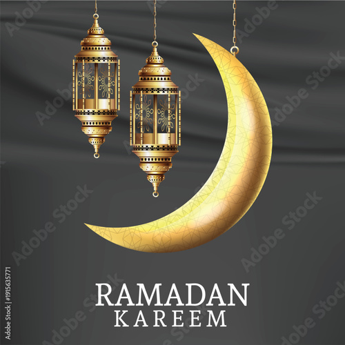 Minimalist Ramadan Mubarak Background with Realistic 3D Golden Moon and Hanging Lanterns