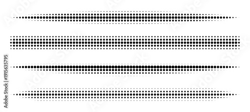 Halftone dividers with gradient dots and lines create modern comic style borders. Vector set features fading tones, edge patterns, and creative shapes for graphic design projects.