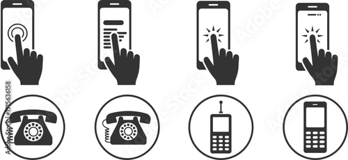 Smartphone touch gesture and telephone icon set showing mobile interaction, calling devices, touchscreen actions and communication symbols in clean black vector illustration collection