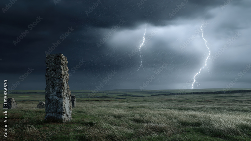 Fototapeta premium Dramatic lightning storm striking over ancient standing stone in dark cloudy sky creates ominous atmosphere across rural grass field landscape