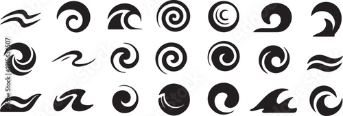 A dynamic collection of black swirl and wave patterns beautifully displayed across a clean white canvas