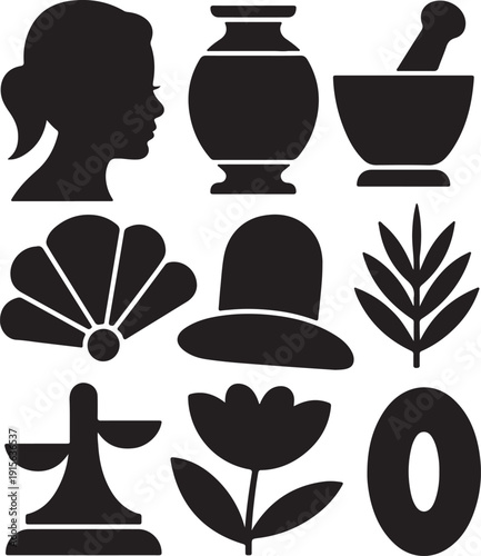 A diverse grid of black silhouette icons featuring a woman, vase, mortar and pestle, and more