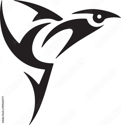 A sleek black stylized predatory animal symbol resembling a bird or shark on white