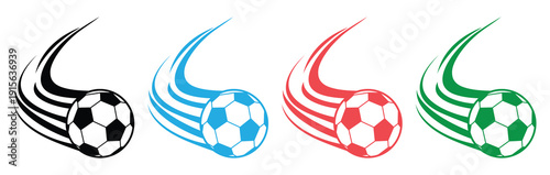 Dynamic soccer ball logos in black, blue, red, and green