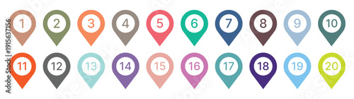 A set of colored map pointer icons with numbers 1 through 20 isolated on white background.
