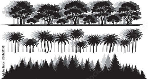 Editable dual tone icon set of Trees palm trees and pine trees in black and gray on white background Vector illustration