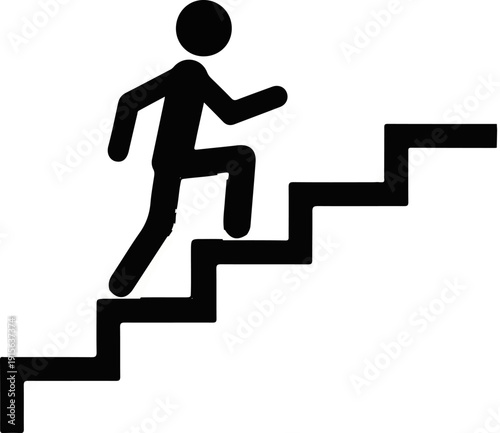 Silhouette of a person climbing steps upwards against a white background