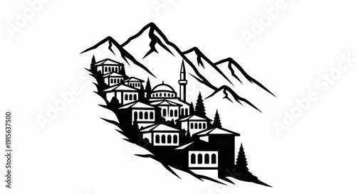 Silhouette of a mountain village with a mosque and trees