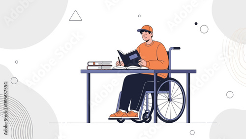 Disabled man in wheelchair reading book at desk, education, learning, accessibility