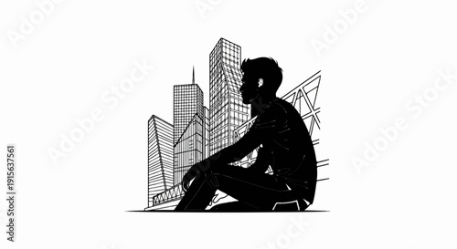 Silhouette of a man sitting against a backdrop of modern city skyscrapers