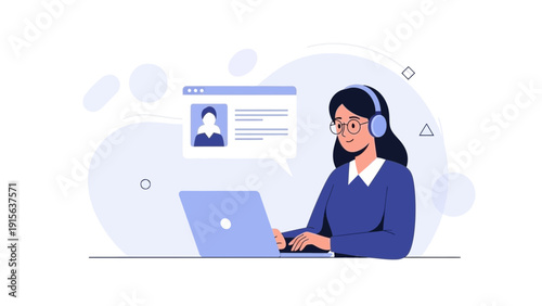 Customer Service Representative with Laptop and Headphones, Online Support Concept