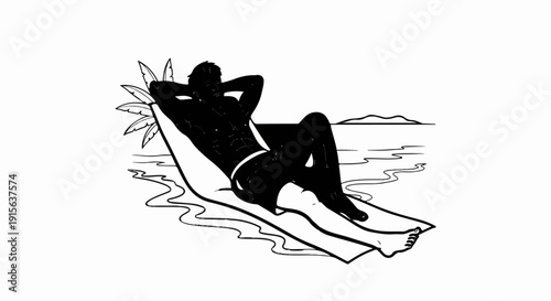 Silhouette of a man sunbathing on a beach with palm leaves