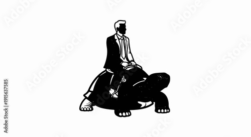 Silhouette of a man in a suit riding a large turtle