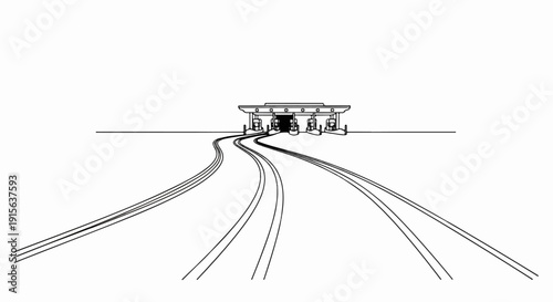 Railroad tracks converge on a modern station with multiple platforms