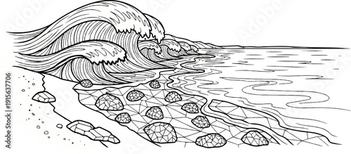 Rolling waves crash onto a rocky shore with a calm ocean stretching to the horizon