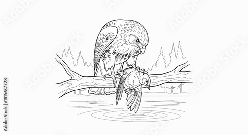 Raptor perches on a branch above water, holding prey