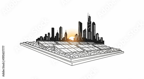 Rooftop solar panels with a city skyline and sunset in the background