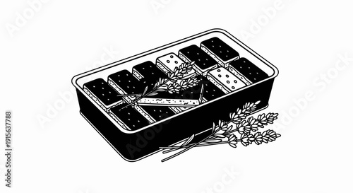 Rectangular tray filled with small, patterned treats and sprigs of lavender