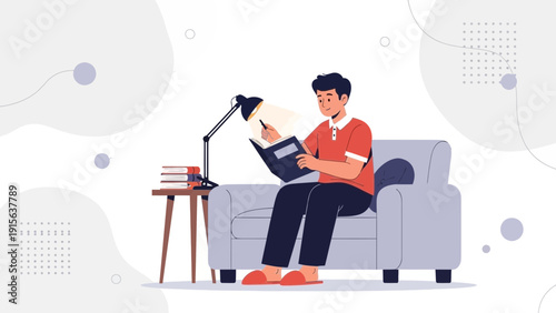 Man Reading Book on Sofa Under Lamp, Cozy Evening Study