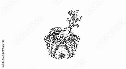 Root vegetable with leaves and tendrils in woven basket