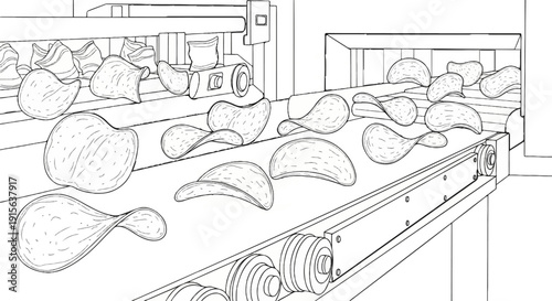 Potato chips moving on an automated conveyor production line