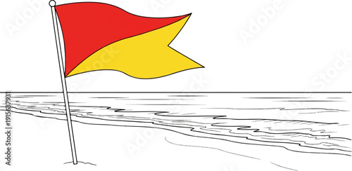 Red and yellow flag on a sandy beach with waves