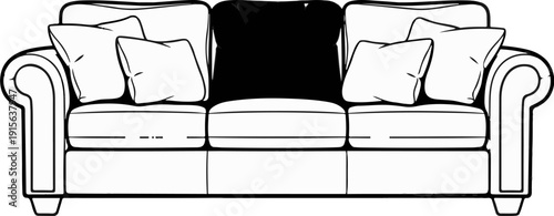 Plush three-cushion sofa with decorative pillows, in a classic silhouette